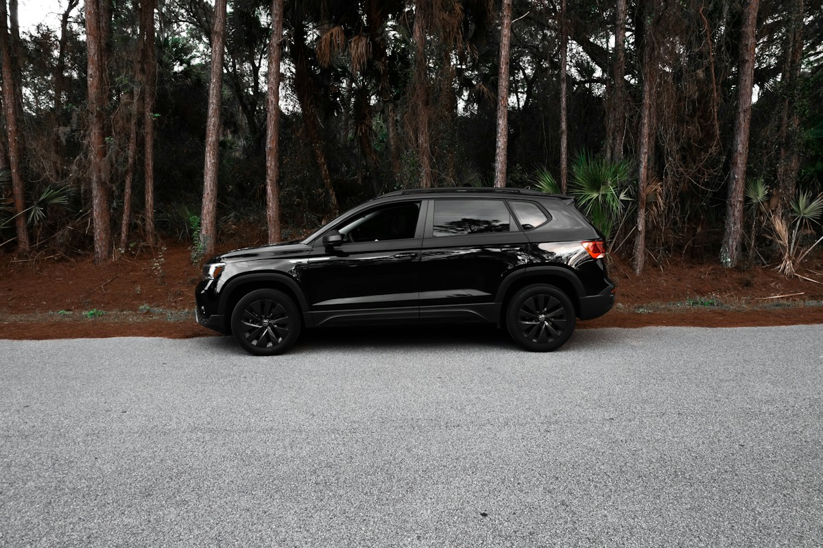 Black SUV beside a tree-lined road